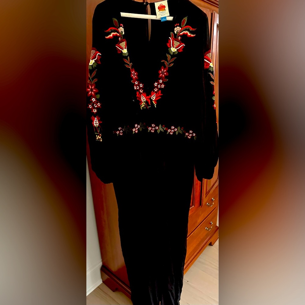 Anthropologie Farm designer jumpsuit black embroidered. XL
